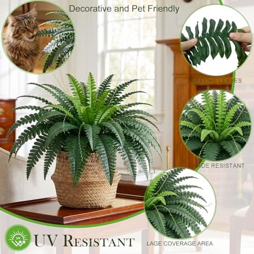 fawdge 35" Large Artificial Boston Fake Ferns Faux Outdoor Fern for Porch and Hanging, Realistic Silk Fake Ferns with Bendable Stems, No-Styling Needed, Decor for Home Garden (2-Pack) - Thumbnail 2