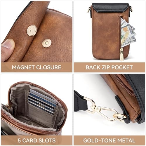 BOSTANTEN Small Crossbody Bags for Women Cell Phone Purse Leather Wallet Handbags with Card Slots Black with Brown - Thumbnail 5