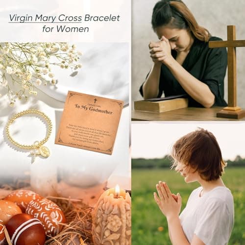 14K Gold Plated Bead Cross Bracelet, Virgin Mary Cross Bracelet for Women, Dainty Stretch Bead Bracelet, Religious Jewelry for Catholic Baptism Confirmation Easter Gifts (To My Godmother-Gold) - Thumbnail 4