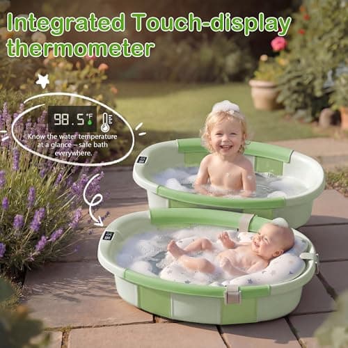 Collapsible Baby Bathtub - Large Baby Bath Tub with Thermometer | Bath Essential Bañera para Bebe Easy Fold Baby Tub | Travel Infant Newborn Toddler Bathtub for Baby Girl Boy 0 to 36 Months(Green) - Thumbnail 5