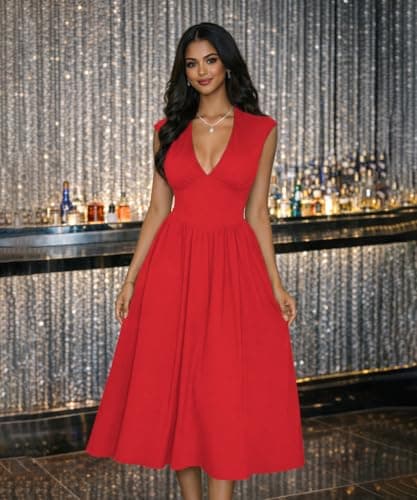 ABKY Womens Midi Dresses Deep V Neck Cap Sleeve Back- Tie A-Line Swing Dress with Pocket Party Foraml Date Night Prom Outfits Red XL - Thumbnail 2