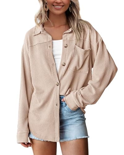 PRETTYGARDEN Women's Button Down Shirts 2026 Spring Long Sleeve Textured Tops Oversized Shacket Jacket Knit Blouses(Beige,Large) - Image 1