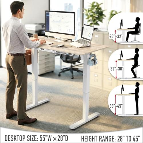 SHW 55 x 28 Inches Electric Height Adjustable Standing Desk with Drawer and Memory Preset, Maple - Thumbnail 6