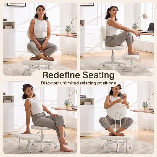 Fizzin Cross Legged Office Chair, Criss Cross Chair with Wheels Height Adjustable Seat for ADHD 360° Swivel Meditation Chair Chic Home Office Furniture (White-New) - Thumbnail 3