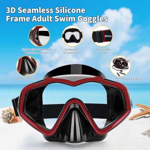 Diving Mask, Adults Swimming Goggles with Nose Cover, Anti-Leak Silicone Adult Snorkel Mask, Wide View Swim Goggles with Fabric Strap and Ultra Clear PC Lens - Thumbnail 4
