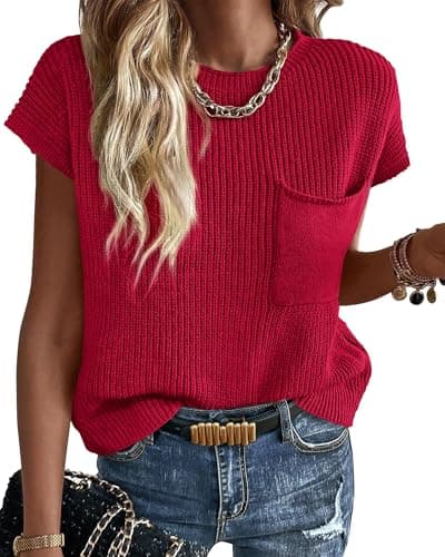 KIRUNDO Summer Fall Short Sleeve Sweater for Women 2026 Casual Sweater Vest Cotton Knit Pullover Tank Tops Fashion Clothing(Red, Medium) - Image 1