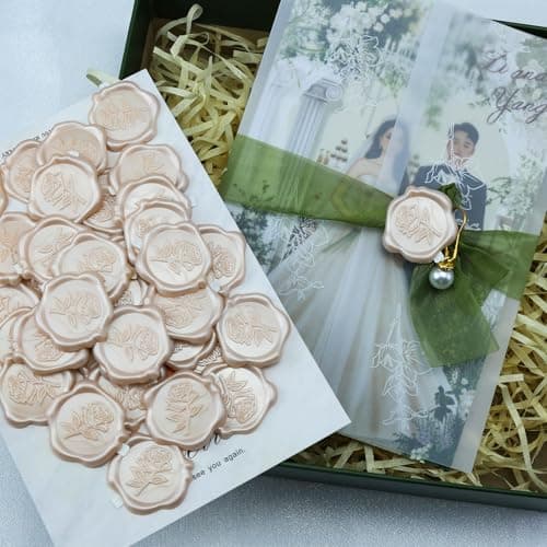 Pilloze Wax Seal Stickers - 3D Champagne Rose Wedding Invitation Envelope Botanical Seal Stickers, 50 Pcs Self- Adhesive Stickers, Perfect for Wedding Invitation, Christmas, Gift Wrapping, Baby Shower - Thumbnail 5