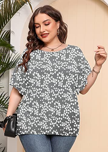 AusLook Plus Size Casual Tops For Women Grey Sakura 5X Tunic Double Ruffle Short Sleeve Blouses Crewneck Clothing Tee Ladies Clothes Flowy Dressy Casual Loose Fit Outfits Maternity Summer Clothes - Thumbnail 4