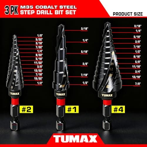 TUMAX 3 PCS M35 Cobalt Step Drill Bit Set with TiAlN Coating, 1/4" Hex Shank Impact Ready, 1/8" to 7/8" HSS-Co Multi-Hole Unibit with Dual-Spiral Flute for Stainless Steel, Metal, HVAC, Electrical - Thumbnail 4