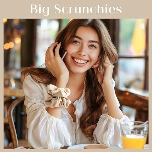 Lolalet Big Satin Scrunchies for Women, 5.9 Inch Large Oversized Scrunchie, Soft Jumbo/Giant Scrunchies Hair Ties for Thick & Curly Hair -4 Pack, Almond/Khaki/Black/Brown - Thumbnail 4