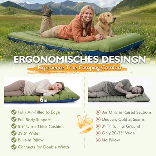 Camping Sleeping Pad, 6 Inch Extra Thick Inflatable Mat with Built-in Foot Pump & Pillow, Ultralight Compact Water Resistant Low Noise Camping Mat for Tent Backpacking Hiking Travel, Single Green - Thumbnail 2
