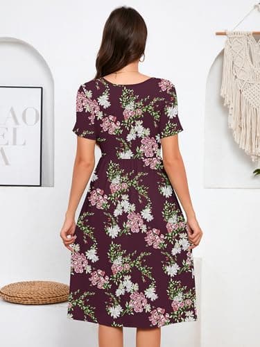 DEARCASE Women's Dresses Flower Wine Red X-Large Short Sleeve A line Summer Beach Midi Sundress Casual Wedding Guest Flowy Swing Cocktail Party Holiday Spring Travel Long Dress with Pockets - Thumbnail 5