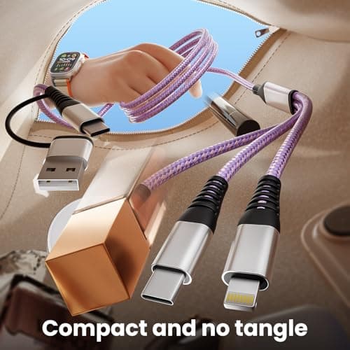 Travel Essentials, 3 in 2 USB A/C Cable to iPhone 17 Charger/iWatch Charger/IP, Braided Multi Charging Cable Cord, RV Camping Essentials, Designed for iWatch Series & iPhone17-11/iPad [Purple, 5FT] - Thumbnail 5
