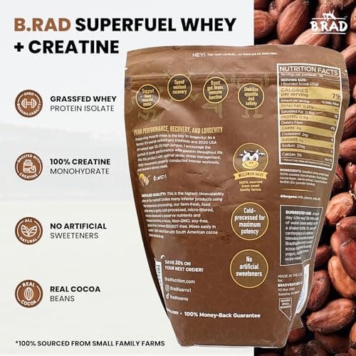 B.rad Superfuel - Grass Fed Whey Protein Isolate Boosted with Creatine | Farm-Fresh, Easy-to-Digest, Clean Ingredients | 2 Pounds | 100% USA Sourced | Cocoa Bean (Chocolate) - Thumbnail 2