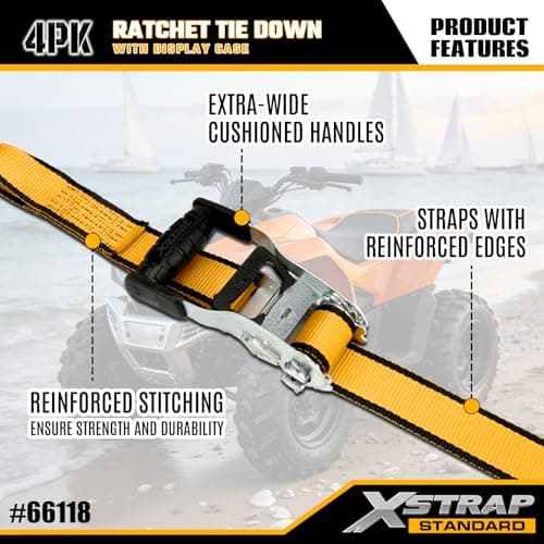 XSTRAP 4 Pack Ratchet Straps 1.5" x 16ft 3,300lbs Break Strength Tie Down Straps, Ergonomic Handle with Double J Hooks & Ammo Storage Box for Truck, Trailers, Motorcycle, ATV & Boat (Yellow) - Thumbnail 2