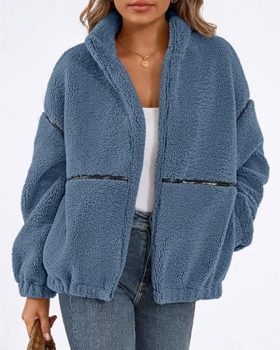 KIRUNDO Sherpa Jacket Women Fleece Oversized Zip Up Winter Coats Fall Jackets Faux Fur Warm Outwear 2026 Fashion Clothing(Dusty Blue, Large) - Thumbnail 5