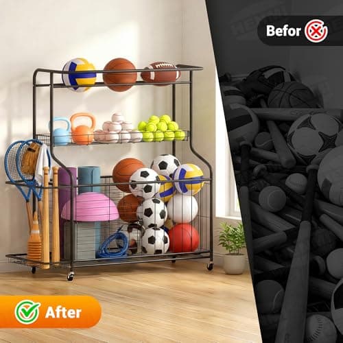 Sports Equipment Organizer -Heavy Duty Rolling Garage Storage Rack & Ball Holder, Large Capacity Cart for Outdoor Toy Storage & Garage Storage - Thumbnail 3