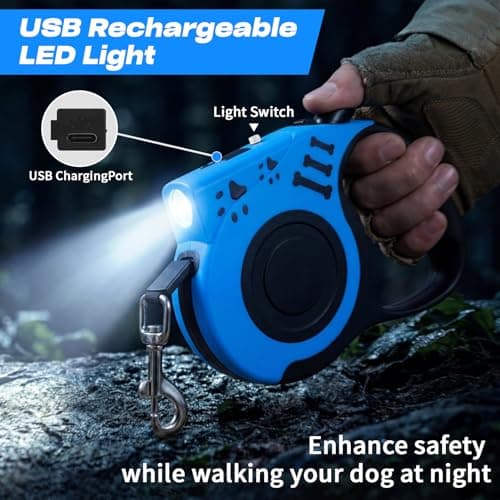 COSOWO Retractable Dog Leash with USB Rechargeable Flashlight for Night Walks, 16FT Automatic Telescopic Tractor Dog Leash for Small and Medium Dogs, Blue - Thumbnail 2