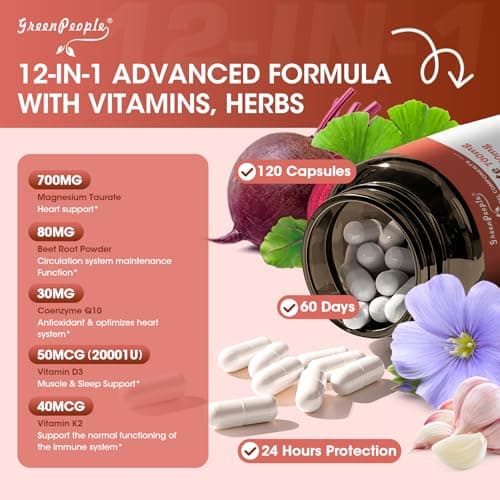 Magnesium Taurate Capsules, 12-in-1 Complex - Beet root, CoQ10, Resveratrol for Heart Support, Immue Support, High Absorption Magnesium Taurate Complex Supplement for Men and Women, 120 Capsules - Thumbnail 2