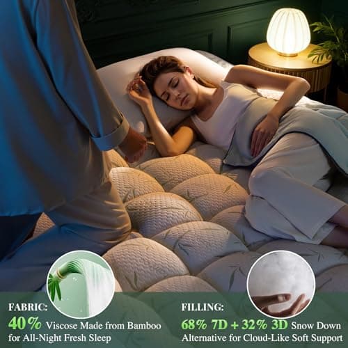 LIANLAM Mattress Topper Viscose Made from Bamboo Pillow Top Mattress Topper,1200 GSM Cooling Mattress Pad,2In Extra Thick Pillow Top for Back Pain with 6"-18" Deep Pocket(Queen,60"x80") - Thumbnail 6