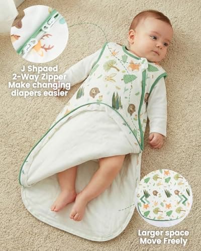 JiAmy Baby Sleep Sack 1.0 TOG, Cotton Wearable Blanket Baby Sleeping Bag with J-Shaped 2-Way Zipper for Infant Toddler, Green Fox, 12-18 Months - Thumbnail 2