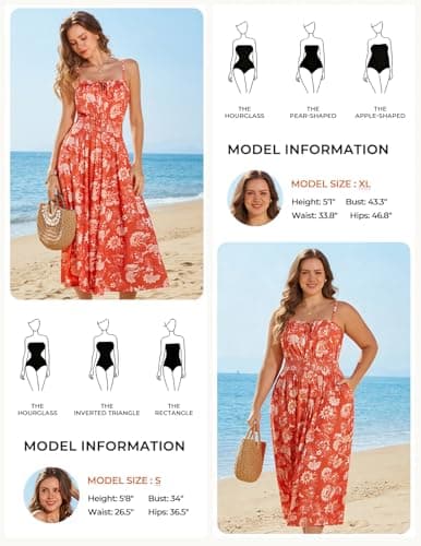 GRACE KARIN 2026 Women's Hawaiian Midi Sundress Summer Vacation Spaghetti Floral Clothes Boho Casual Dresses with Pockets Orange Floral XL - Thumbnail 6
