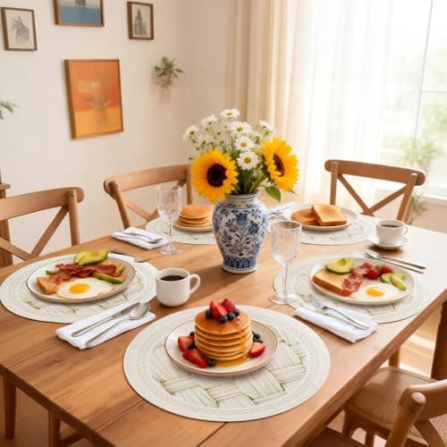 Kaixinbao 15 Inch Round Placemats Set of 6,Washable Wipeable Durable Place Mats for Dining Table,Kitchen Decor, Non Slip Lace PVC Vinyl Braided Table Mats(6, Cross-Weave Straw) - Thumbnail 4