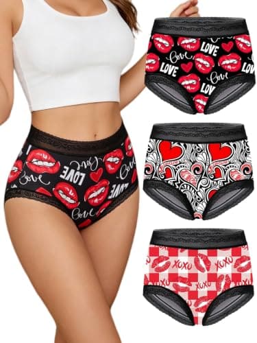 Dircho Women's Gothic Boy Short Panties, 3 Pack Heart & Lip Print Underwear, Romantic Stretchy Lace Trims Brief - Image 1