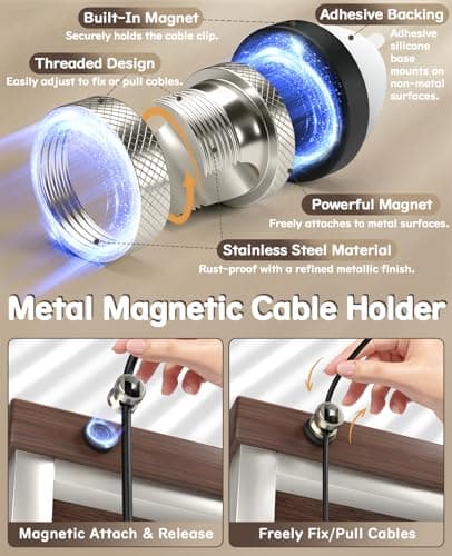Maveek Metal Magnetic Cord Holder, Magnet Cable Clips Stainless Steel Adjustable Cord Organizers for Desk Nightstand Car Office Charging Wires USB C Laptop Earphone Audio Cords (4 Pack) - Thumbnail 5
