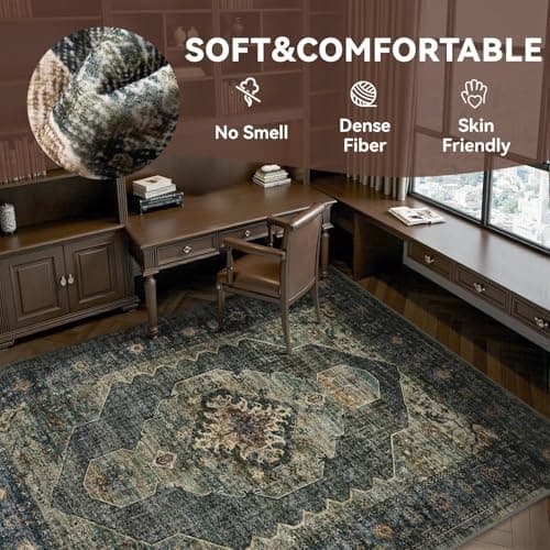 Olive Green 5x7 Area Rugs for Living Room Bedroom Rug Washable Soft Vintage Neutral Farmhouse Dining Room Office Rug Carpet Water Repellent Easy Care Non Slip - Thumbnail 4