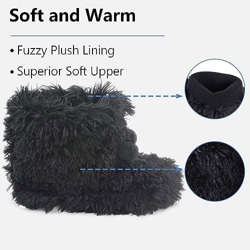 Forfoot Womens Slippers, Warm Plush Black Home Slippers Boots Anti Skid Durable Sole Slip on Indoor and Outdoor House Shoes Size 9-10 - Thumbnail 6