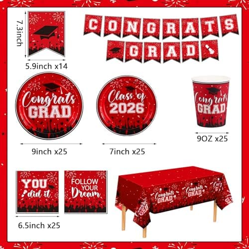 NatNarr Graduation Decorations 2026, Red Graduation Party Supplies Include Class Of 2026 Grad Plates Napkins Cups Tablecloth Congrats Grad Banner for Middle College High School, Serve 25 Guest - Thumbnail 2