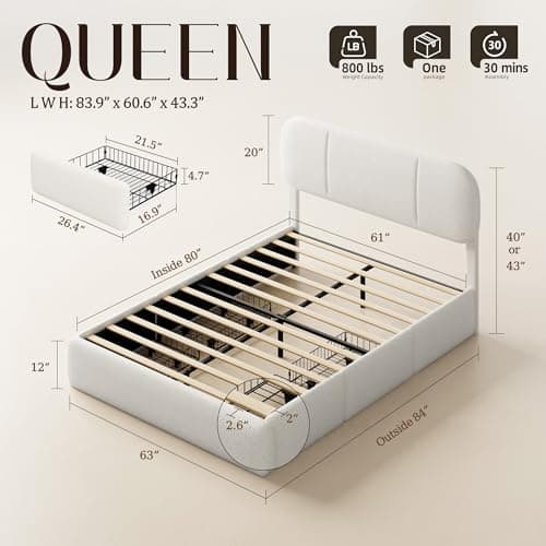 Uteeran Queen Size Bed Frame with Storage, Boucle Cloud Bed with 4 Locking Drawers & LED Lights, Modern Upholstered Platform Bed, Plush Sides & Footboard, Adjustable Headboard, No Box Spring, White - Thumbnail 2