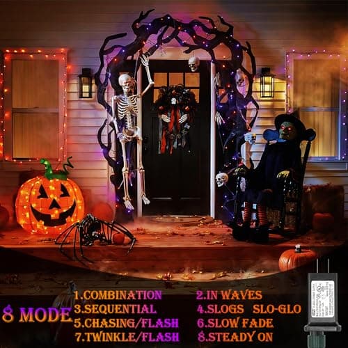 Decute Halloween String Lights Outdoor Indoor Waterproof 300LED 105FT UL Certified with End-to-End Plug 8 Modes, Decoration Lights for Christmas Tree Patio Garden Wedding Party Orange Purple - Thumbnail 2