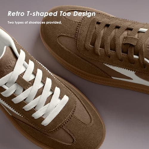 Vilanva Women's Fashion Sneakers Casual Tennis Shoes with Genuine Suede Classic Retro Gum Sole Walking Trendy Footwear Dark Taupe Multi - Thumbnail 5