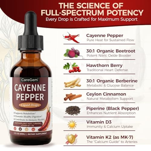 CareGem Cayenne Pepper Drops with Vitamin D3 K2 MK-7-30:1 Organic Beetroot & Hawthorn - Advanced Circulation & Blood Flow Support - Berberine, Turmeric, Panax Ginseng - 2 Fl Oz - Thumbnail 2