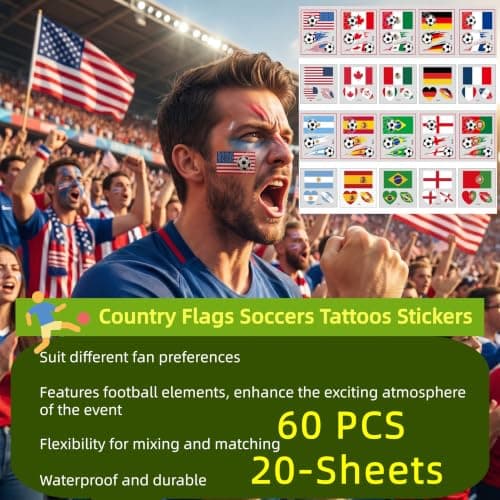 2026 World Cup Temporary Tattoos Sticker for Soccer Fans, 60PCS 20 Sheets Country Flags Tattoo Stickers for all Ages Boy Girl Teen Soccers Party Game Days Watch Parties, Waterproof Sweat Proof Vinyl - Thumbnail 2