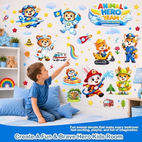Animal Wall Stickers Decals, Animal Hero Team/Forest/Star/Cloud Wall Stickers for Kids Baby Boys, 134 Piece UV PVC DIY Removable Reusable Jungle Animal Wall Decals Stickers for Nursery Classroom - Thumbnail 3