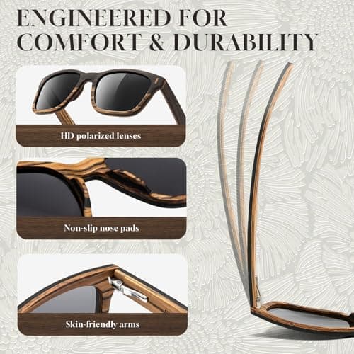 SUNGAIT Oak Zebra Wood Sunglasses Mixed-color Frame Black Polarized Lens Gifts for Men(Oak Zebra Wood/Grey Lens) - Thumbnail 4