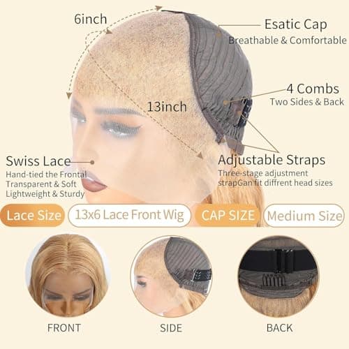 ROOMOOD 27# Ash Blonde Human Hair Lace Frontal Wig Body Wave 180% Density 13x6 Lace Front Wig Pre Plucked Natural Hairline for Women（20inch） - Thumbnail 5
