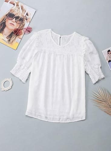 Dokotoo Womens Tops Half Sleeve Shirred Blouses for Women Dressy Casual Crewneck Lace Textured Flowy White Shirts for Women Small - Thumbnail 5