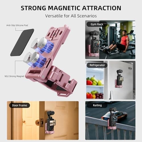 Flymile Pocket 3 Magnetic Mount Stand, Expansion Adapter Magnet Holder ＆ Cold Shoe for Xtra Muse 180° Adjustable Handle Aluminum Metal Clamp Frame Case Desk Base for DJI Osmo Pocket 3 Pink Accessories - Thumbnail 3