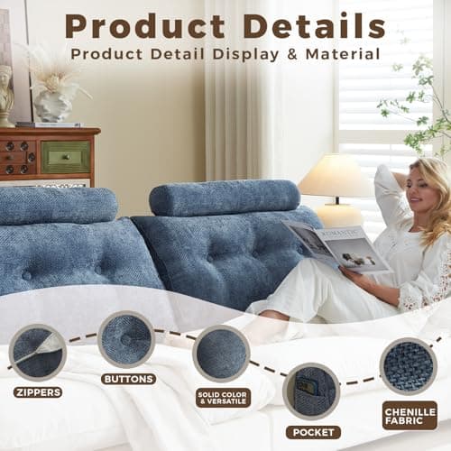 ZERALIVEN Headboard Pillow for Twin XL – Chenille Large Triangular Wedge Pillow for Headboard Gap, Daybed and Couch Backrest, Reading and Sitting Up in Bed with Removable Washable Cover, Blue - Thumbnail 3