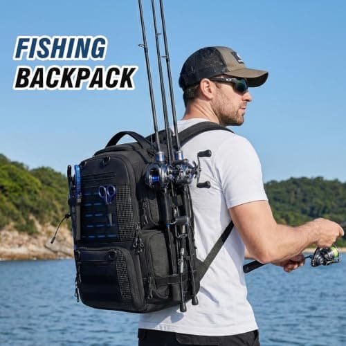 oinitiry Fishing Tackle Backpack with 2 Rod Holders, Multi-Pocket Tactical Bag with Bottle Holder, 50L Large Storage Bag for Fishing Gear and Equipment, Black - Thumbnail 2