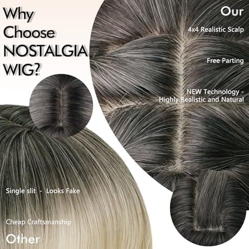 NOSTALGIA Wig with Bangs for Women Ash Blonde with Black Highlights-Dark Roots Straight Face-Framing Layers Hairstyle 4x4 Realistic Scalp Glueless Synthetic Wigs for Everyday Use - Thumbnail 3