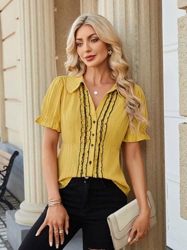 ECOWISH Women's Button Down Shirt - Peter Pan Collar Cotton Blouse Summer Dressy Short Sleeve Loose Fit Work Tops Yellow XL - Thumbnail 2