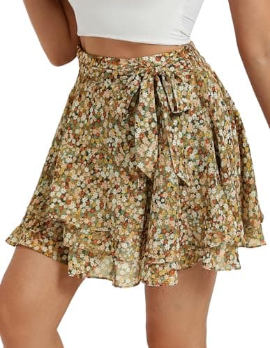 Belle Poque Women's Flowy Ruffle Mini Skirt with Shorts Underneath Elastic Waist Boho Skirt Floral Mini Skirt Summer Trendy 2026 Multicolored Flowers Print XXL - Image 1