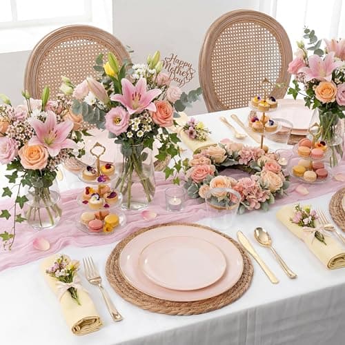 KIRE 175PCS Pink Plates Disposable - Heavy Duty Pink and Gold Plastic Plates Dinnerware Sets - 25 for Dinner 25 for Dessert 25 Pre Rolled Napkins 25Cups for Spring/Wedding/Party/Baby Shower - Thumbnail 4
