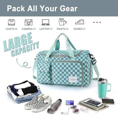 WOOMADA Foldable Travel Duffel Bag with Shoes Compartment, Overnight Bag with Wet Pocket & Trolley Sleeve, Weekender Bags for Women (turquoise checkerboard) - Thumbnail 3