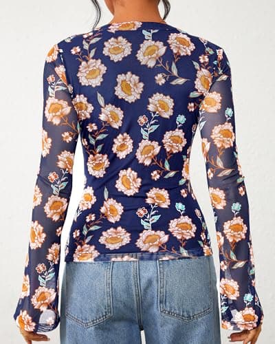 BTFBM Button Down Shirts for Women 2026 Spring Boho Tops V Neck Long Sleeve Blouses Ruched Mesh Fitted Fashion Clothing(Blue, X-Large) - Thumbnail 3